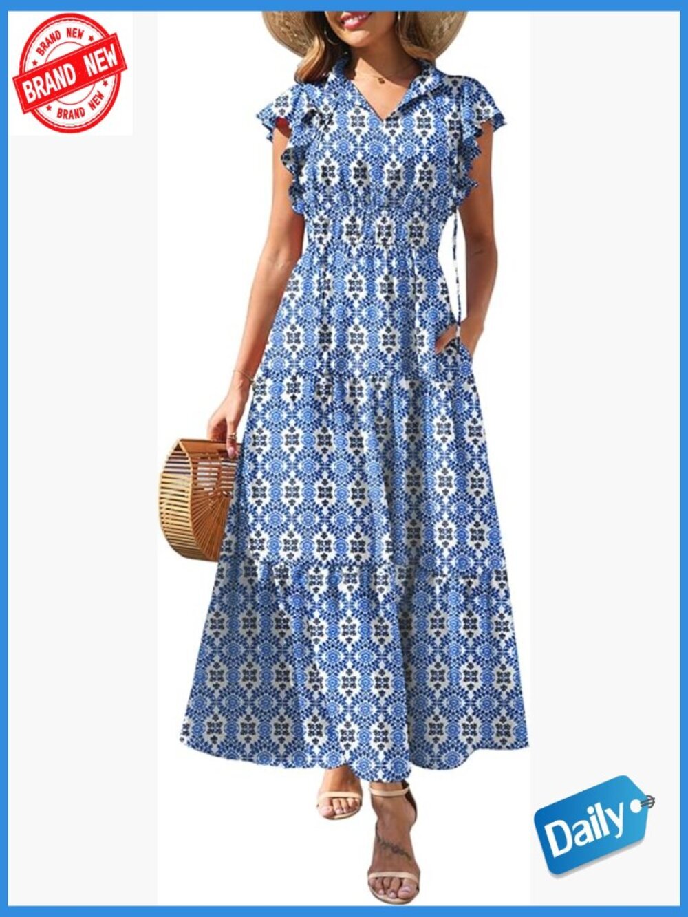Boho Floral Tiered Maxi Dress with Pockets V-Neck Ruffle Cap Sleeve
